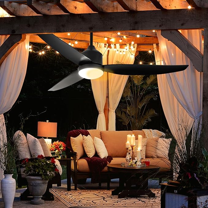 Depuley Outdoor Ceiling Fan with Light: 52 Inch Gazebo Fan Outdoor Hanging - Plug in Waterproof Fans with Lights for Patio - Dimmable Remote App Control Black