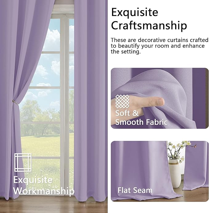 Simplebrand Lilac Room Darkening Curtains for Bedroom 63 Inch Length 2 Panels Set, Thermal Insulated Energy Saving Curtains for Kids Room, Grommet Solid Nursery Window Treatment Drapes, W40 x L63