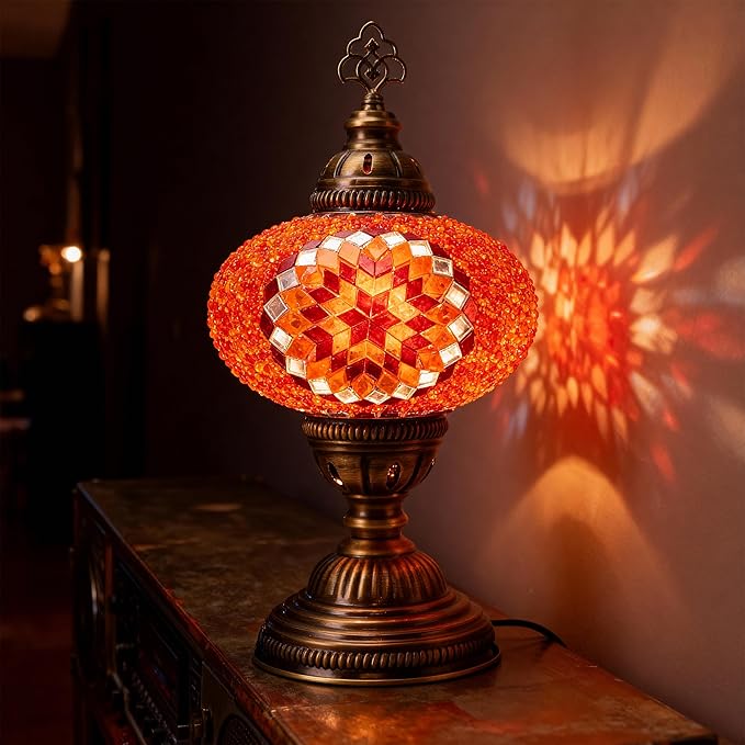 Turkish Lamp, Mosaic Table Lamp, Antique Moroccan Decorative Glass Bohemian Vintage Lamp Shade, Small Desk Tiffany Bedside Stained Glass Lamp with US Plug and E12 Socket