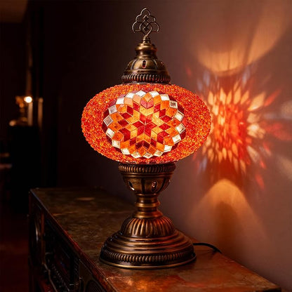 Turkish Lamp, Mosaic Table Lamp, Antique Moroccan Decorative Glass Bohemian Vintage Lamp Shade, Small Desk Tiffany Bedside Stained Glass Lamp with US Plug and E12 Socket