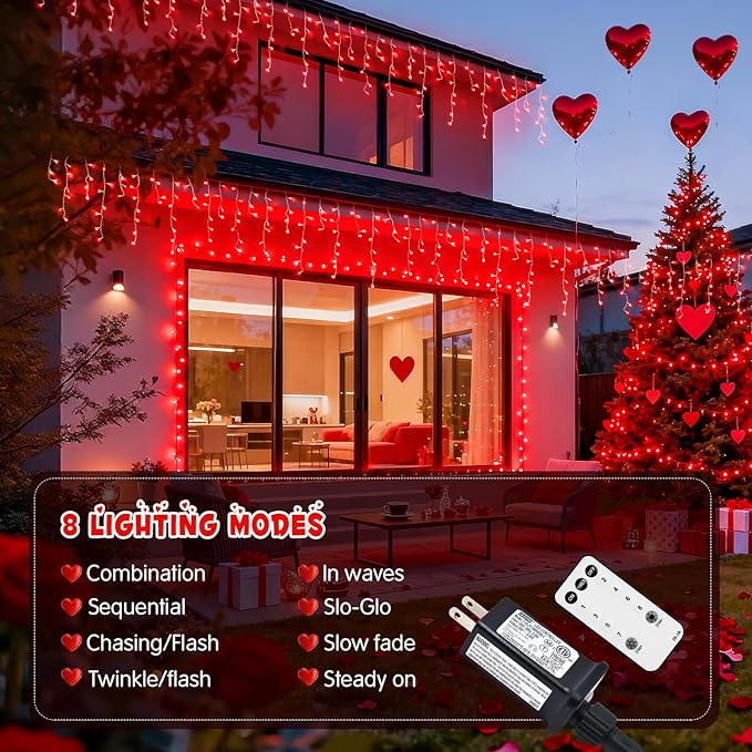 JMEXSUSS 400 LED Red Valentine Lights Outdoor, Connectable Red Icicle Lights Indoor Outdoor with Remote, Christmas Light for Valentine Room Fireplace Christmas Decorations