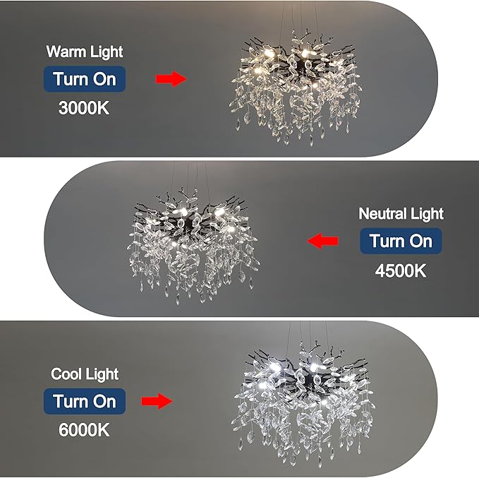 Modern Crystal Tree Branches Chandelier, 18in Black 6 Lights Large Ceiling Hanging Light for Dining Room, Round Raindrop Pendant Light Fixture