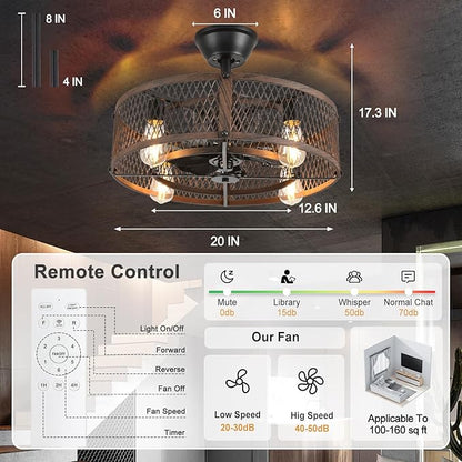 Depuley Outdoor Ceiling Fan with Light: 20" Caged Ceiling Fans with Remote Control for Patio Kitchen Bedroom - Farmhouse Fandelier Flush Mount Lights Fixture Reversible 6 Speed Timer Walnut