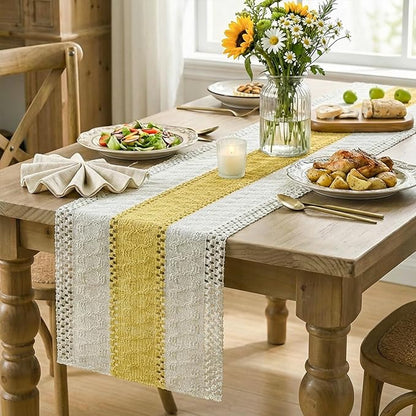 Artoid Mode Yellow Farmhouse Rustic Table Runner, Seasonal Holiday Hollow Kitchen Dining Table Decoration for Home Party Decor 12x36 Inch