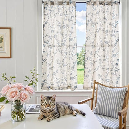 jinchan Floral Kitchen Curtains 54 Inch Linen Tier Curtains Farmhouse Cafe Half Window Drapes for Small Windows Light Filtering Blue on Beige for Living Room Bathroom Back Tab 2 Panels