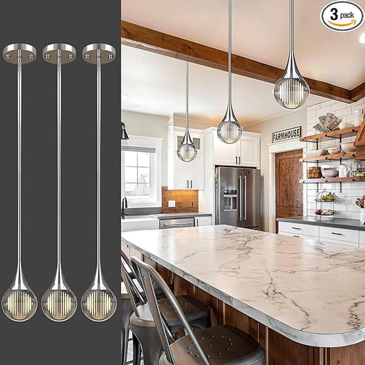 3-Pendant Lights Kitchen Island, Chrome Silver Globe Crystal Ceiling Hanging Light Fxitures, LED Light Fixtures Metal Rod Ceiling Glass Pendant Lighting for Kitchen Island Dining Room Bar