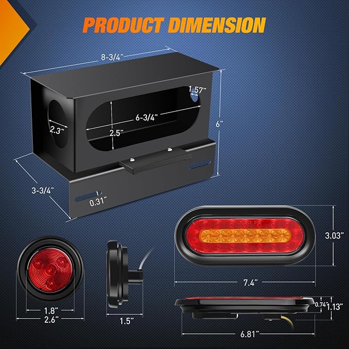 Nilight 2 PCS Steel Trailer Light Boxes Housing Kit 3LED License Plate Lights 6 Inches Oval Red Amber Tailight 2 Inch Round Side Marker Lamp Grommet Plugs for Truck Tractor Car