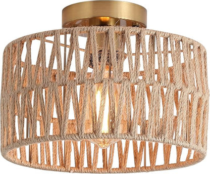 Coastal Antique Gold Woven Flush Mount Light Fixture Rustic Boho Hemp Rope Brass Semi Flush Mount Ceiling Light for Hallway Bedroom Farmhouse Kitchen Entryway Hall