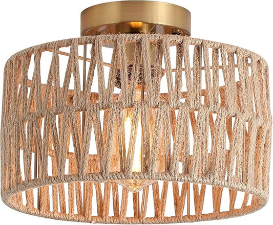 Coastal Antique Gold Woven Flush Mount Light Fixture Rustic Boho Hemp Rope Brass Semi Flush Mount Ceiling Light for Hallway Bedroom Farmhouse Kitchen Entryway Hall