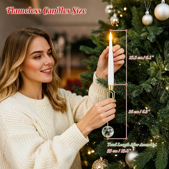 0.4" x6" LED Short Taper Candles with 12 Crystal Ball Hooks, 12 Pcs Flameless Christmas Tree Hanging Candles with Remote, Battery Operated Taper Candle for Xmas, Home, Indoor and Party