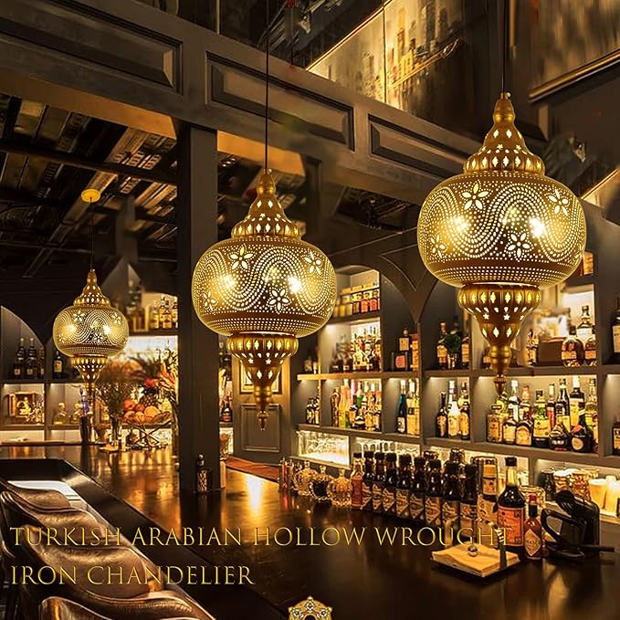 Moroccan Pendant Light - Turkish Gold Vintage Chandelier - Iron Porous Arabic Wall Light - Plug-in Ceiling Hanging Light for Kitchen Island, Restaurant, Hallway, Foyer