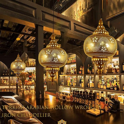 Moroccan Pendant Light - Turkish Gold Vintage Chandelier - Iron Porous Arabic Wall Light - Plug-in Ceiling Hanging Light for Kitchen Island, Restaurant, Hallway, Foyer
