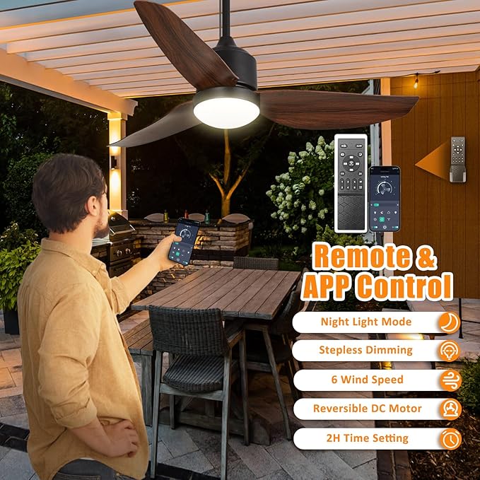 Depuley Outdoor Ceiling Fan with Light: 42 Inch Waterproof Gazebo Fans with Lights Outdoor Hanging - Plug in Remote App Control for Patio Indoor Farmhouse Porch - 6 Speed Reversible DC Motor Walnut