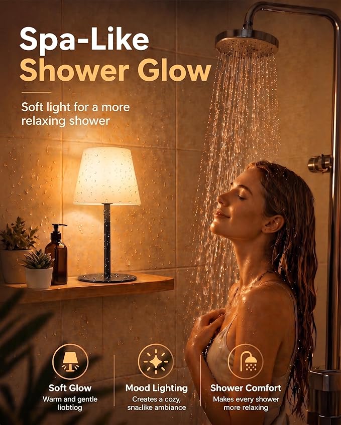 EZVALO Spa-Like Shower Lamp – IP65 Waterproof Bathroom Lamp, Rechargeable Cordless Mood Light, 3 Color Temps for Relaxing Bathroom & Bathtub Experience 1 Pack (Black)