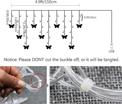 Butterfly Curtain Lights, 4.9ft 48 LED USB Window Fairy Lights 10 Butterflies 8 Modes Firefly Twinkle String Lights for Room Bedroom Wall Ceiling Party Wedding Christmas (Pink)