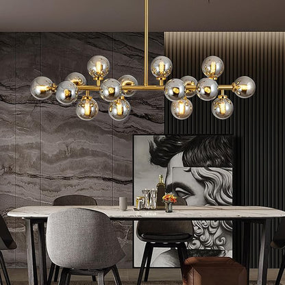 Modern Gold Linear Chandelier Rectanglar Modern Grey Globe Pendant Light Sputnik Chandeliers Hanging Light Fixture 16-Light