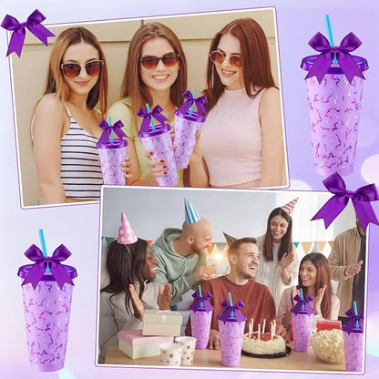 12 Sets Kpop Theme Party Supplies 24 oz Reusable Purple Lightning Crack Print Themed Party Plastic Cups and Purple Bows Bulk Kpop Theme Drinking Cups for Birthday Baby Shower Decoration