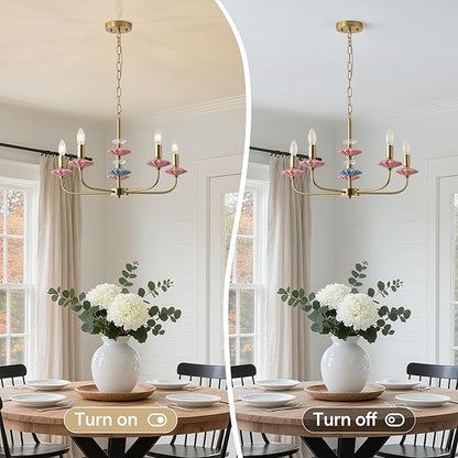 Pink Chandeliers for Dining Room Light Fixture Over Table,5-Light Art Deco Chandelier, Modern Retro Candle Chandelier with Ceramic,Farmhouse Chandelier for Girls Bedroom Living Room, Foyer