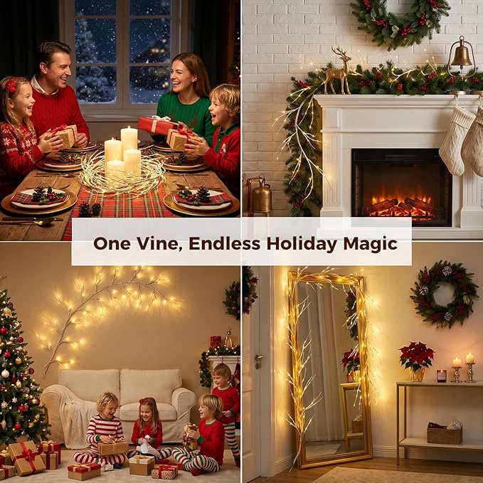 Bexdir Birch Vine with Lights with Timer 6ft 72LED, Artificial Tree for Walls Birch Twig for Room Decor Mantle Fireplace Holiday Christmas Decorations Birch Branches - Battery Operated