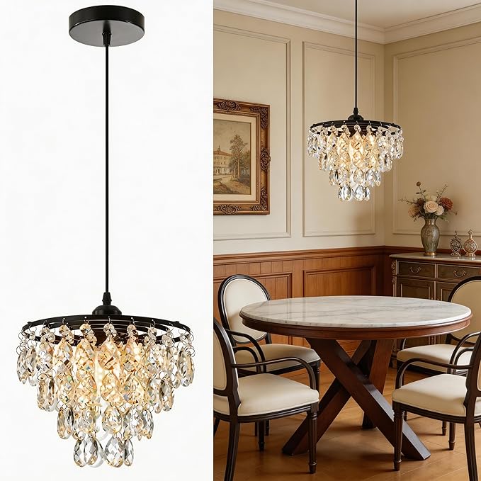 Mini Crystal Chandelier Small Modern Crystal Flush Mount Ceiling Light for Hallway Closet, E26 Base, K9 Crystal (Black-Pendant)