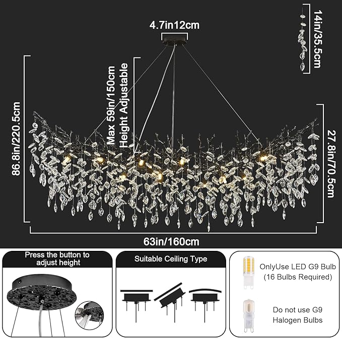 Modern Crystal Black Chandelier,63" Large Rectangular Dining Room Over Table Chandeliers, Tree Branch Crystal Lving Room Chandelier for High Ceiling,Kitchen Island