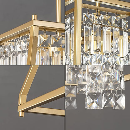 LMQNINE Farmhouse Chandelier - Gold Metal Crystal Pendant Light for Kitchen, Dining Room, Living Room - Flat and Inclined Ceiling (Trapezoid -15.74in)