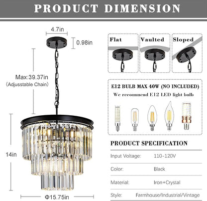 Crystal Chandelier 15.8" Modern K9 Crystal Hanging Pendant Lights 6-Lights Black 3-Tier Luxury Crystal Dining Room Light Fixture for Living Room Bedroom Kitchen Island Entryway Foyer Stair