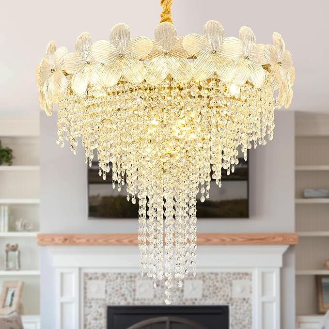 Gold Crystal Chandelier, 23.6" Luxury Flower Round Contemporary Chandeliers, 9-Light Adjustable Height Ceiling Fixture Elegant Modern Chandelier for Dining Room, Living Room, Staircase