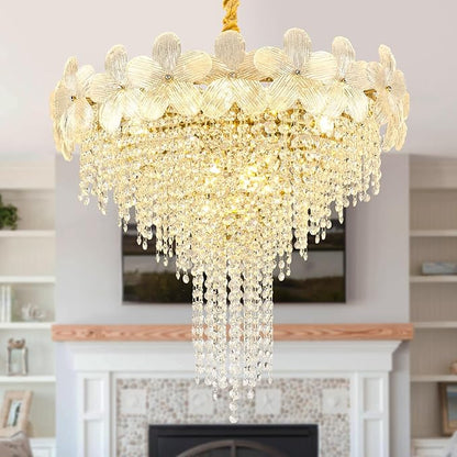 Gold Crystal Chandelier, 23.6" Luxury Flower Round Contemporary Chandeliers, 9-Light Adjustable Height Ceiling Fixture Elegant Modern Chandelier for Dining Room, Living Room, Staircase