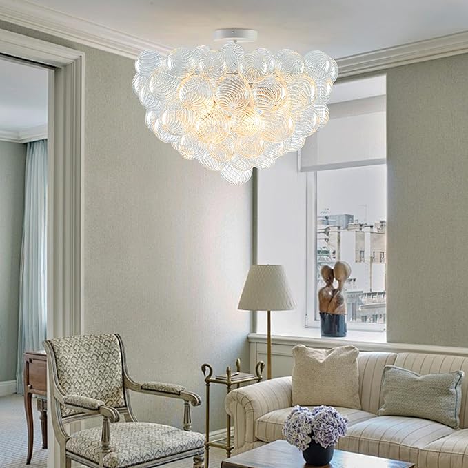 Hand Blown Glass Bubble Ball Chandelier White Finish 24" Semi-Flush Mount Ceiling Lights Art Deco Cluster Ribbed Glass Globe Chandeliers Light Fixture for Dining Living Hall Entry Foyer