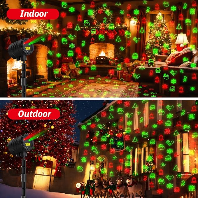 Christmas Laser Projector Lights, 10 Patterns Moving Red Green Outdoor Garden Waterproof Decorative Starry Lights Projector with RF Remote for Holiday Party Indoor Decoration Home Decor