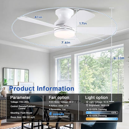 41 inch Ceiling Fans with Lights, White Flush Mount Ceiling Fan with Remote, 3CCT, LED Dimmable, Reversible, 6 Fan Speeds, Quite Low Profile Ceiling Fan with Lights Modern Bedroom Kitchen Indoor
