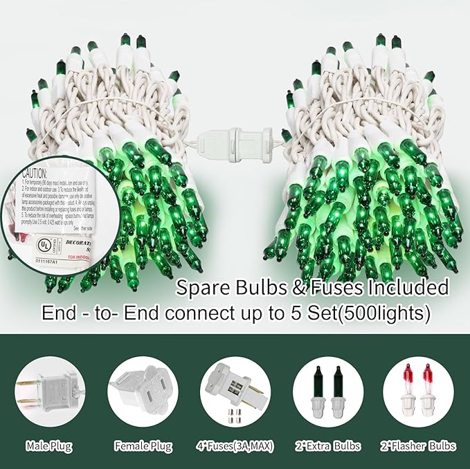 LAMPHOME Green St Patrick's Day Decorations Lights, 100 Count 19.6 Feet Incandescent Bulb Mini String Lights for Indoor Christmas Tree Garland Birthday Wedding Party Festival Decoration, White Wire