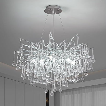 Modern Crystal Raindrop Chandelier, Silver Round Art Deco Tree Branch Lighting Fixture for Dining Room Living Room Foyer 8 Lights D23.7''