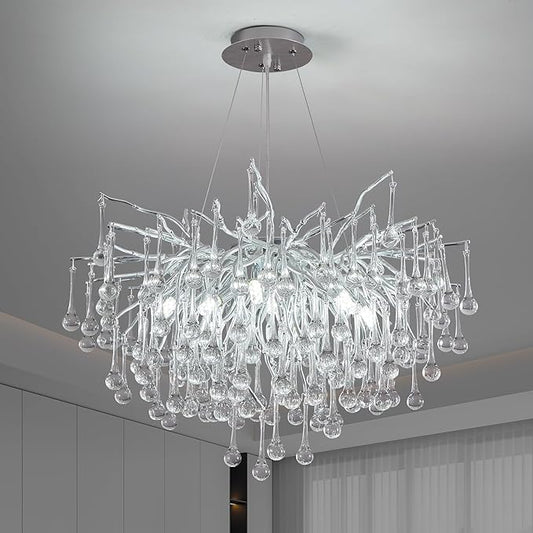 Modern Crystal Raindrop Chandelier, Silver Round Art Deco Tree Branch Lighting Fixture for Dining Room Living Room Foyer 8 Lights D23.7''