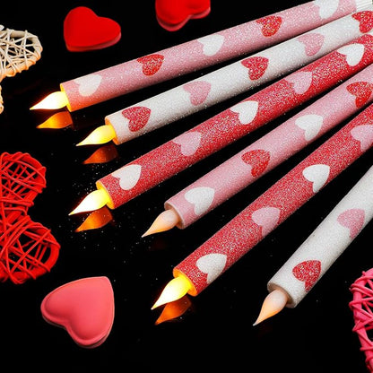Honoson 6 Pcs Heart Glitter Flameless Taper Candles 10.6 Inch Valentines Day Candles Battery Operated LED Candlesticks for Valenties Wedding Bridal Birthday Baby Shower Party Dinner Table Home Decor