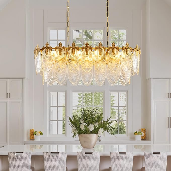 KELUOLY Rectangular Crystal Glass Dining Room Chandelier, 8 Light Gold Chandeliers Lighting Fixture, L33.5'' Height Adjustable Oval Ceiling Pendant Light for Office Coffee Over Table Kitchen Island