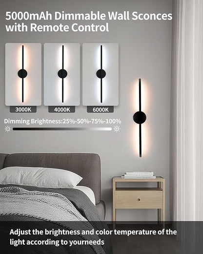 Wireless Wall Sconces Set of 2 Dimmable LED Wall Light，20Inch Battery Operated wall Lights with Remote Control，360°Rotate Dimmable Wall Lamps for Living Room, Bedroom and Hallway (Black)