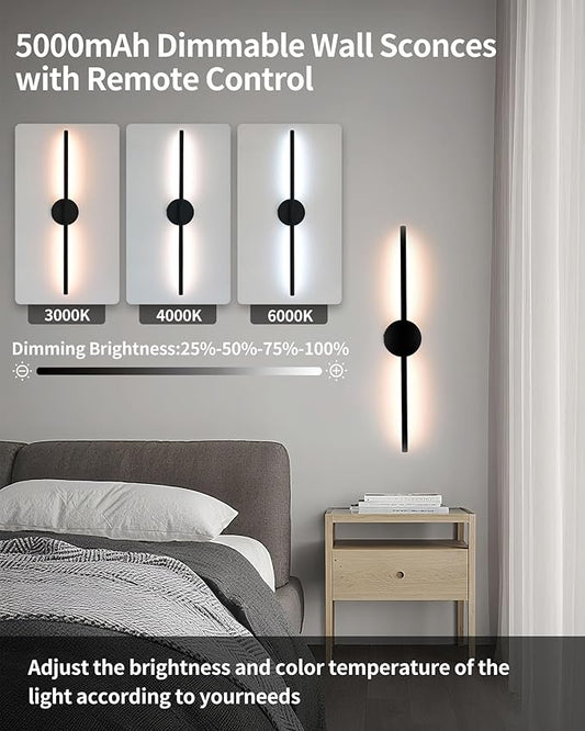 Wireless Wall Sconces Set of 2 Dimmable LED Wall Light，20Inch Battery Operated wall Lights with Remote Control，360°Rotate Dimmable Wall Lamps for Living Room, Bedroom and Hallway (Black)