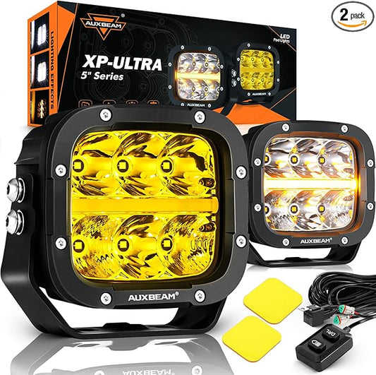 Auxbeam XP-Ultra Series 5 Inch Cube Offroad Lights, Amber DRL Function, Amber White Light Covers, 132W 15600LM Spot Flood Combo, LED Pod Light Bar Off-Road Fog Lights, Pair