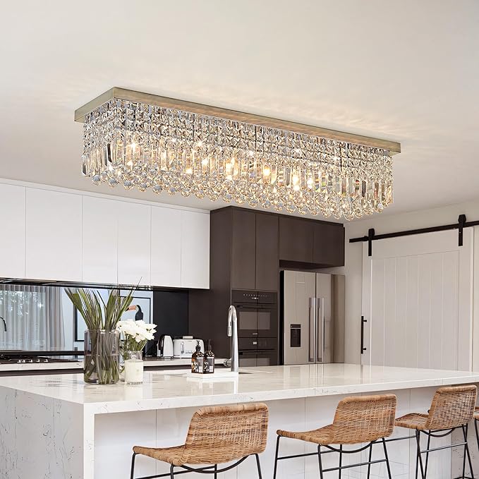 Crystal Chandelier for Dining Room 39.3" Modern Gold K9 Crystal Rectangle Chandeliers Flush Mount Pendant Light Fixture Kitchen Island Bar Dining Room Bedroom Bathroom Hotel