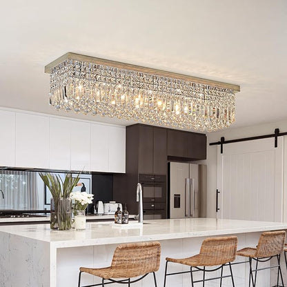 Crystal Chandelier for Dining Room 39.3" Modern Gold K9 Crystal Rectangle Chandeliers Flush Mount Pendant Light Fixture Kitchen Island Bar Dining Room Bedroom Bathroom Hotel