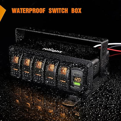 Nilight 5 Gang Rocker Switch Box 12V SPST ON Off Toggle Switches PD Type C and QC 3.0 USB Sockcet Voltmeter Orange LED Light Waterproof Aluminum Mount Bracket Panel DIY Stickers for Boat Car RV Truck
