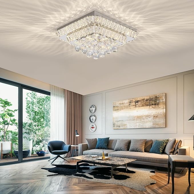 COCOSTAR 18 inch Crystal Flush Mount Chandelier Remote/APP, Modern Raindrop LED Ceiling Light, 3CCT Dimmable & Brightness Adjustable,Elegant Chandeliers for Bedroom Hallway Dinning Room Living Room