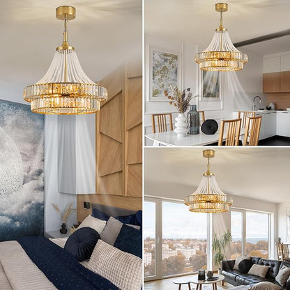 24" Modern Crystal Caged Fandelier, Smart Chandelier Fan with Remote and APP Control, Double Layer Ceiling Fan with Light for Dining Living Room Bedroom, Italian Design-Gold