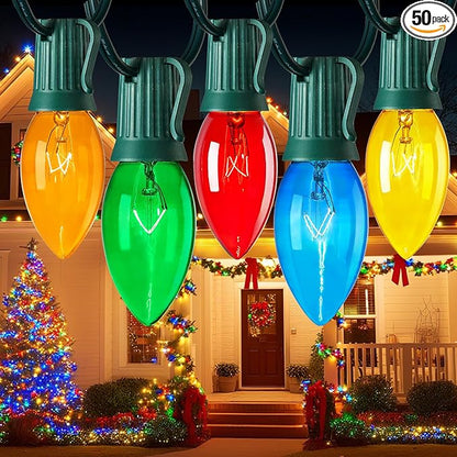 Minetom C9 Bulb String Lights Outdoor 50 Feet Multicolored Christmas Lights Green Wire for Outdoor Patio Room Christmas Tree Party Backyard Decoration, E17 Base, 50 +2 Bulbs