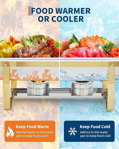 Garvee Chafing Dish Buffet Set 6 Pack, 8QT Buffet Servers and Warmers Set with Lid & Foldable Frame, Rectangular Stainless Steel Chafer Food Warmer for Parties Wedding Catering Supplies, Gold