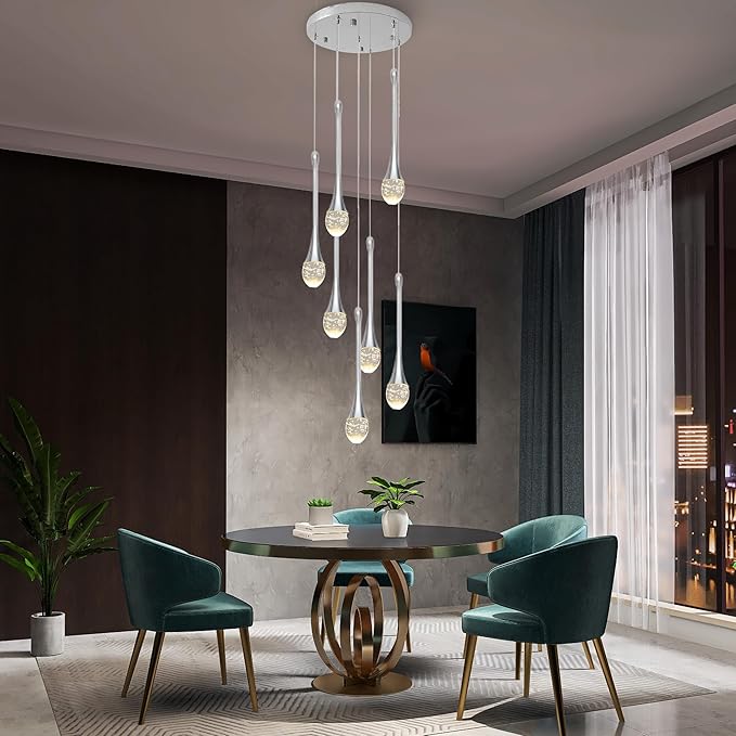 Modern Crystal Chandelier 7-Lights Chrome, H60'' High Ceiling Spiral Dimmable LED Bubble Crystal Raindrop Light Fixture for Foyer Entryway Dining Room Remote Control