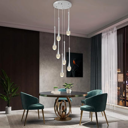 Modern Crystal Chandelier 7-Lights Chrome, H60'' High Ceiling Spiral Dimmable LED Bubble Crystal Raindrop Light Fixture for Foyer Entryway Dining Room Remote Control
