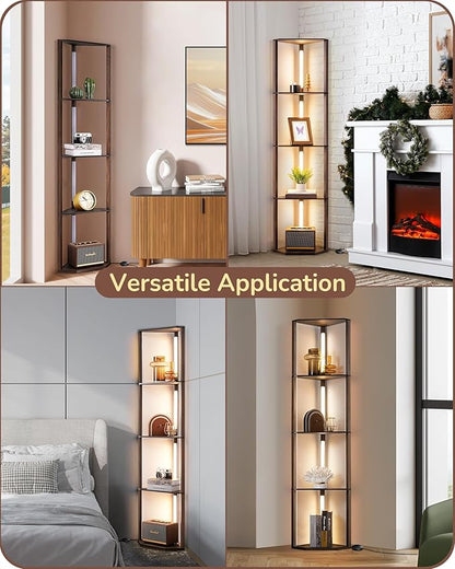 EDISHINE Dimmable LED Floor Lamp with Shelves, Corner Floor Lamps for Living Room, Corner Shelf with LED Light, 3CCT, Modern Standing Lamp, Floor Lamp for Bedroom, Office, Walnut